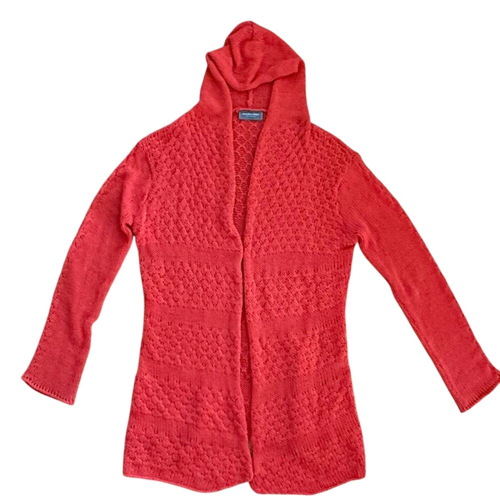 Wooden Ships Open Front Loose Knit Hood Lightweight Long Cardigan, Size M/L